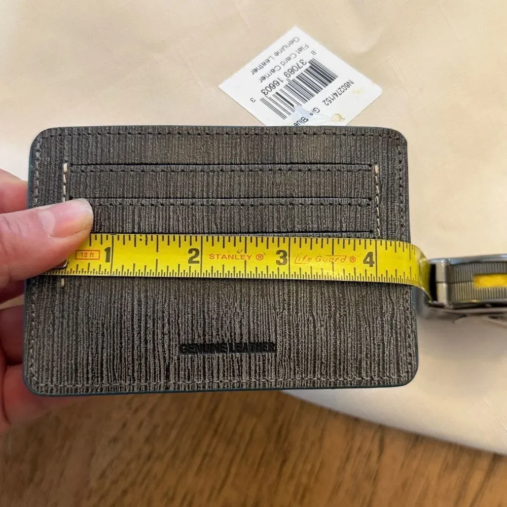 J. FOLD LEATHER CARD CARRIER.  GREY WITH BLUE TRIM.  NEW.